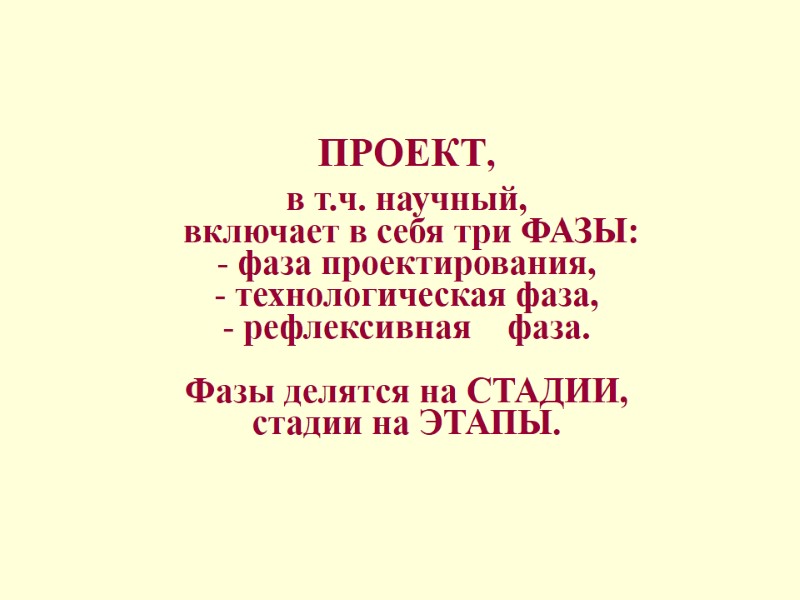 ПРОЕКТ, в т.ч. научный,  включает в себя три ФАЗЫ:  фаза проектирования, 
